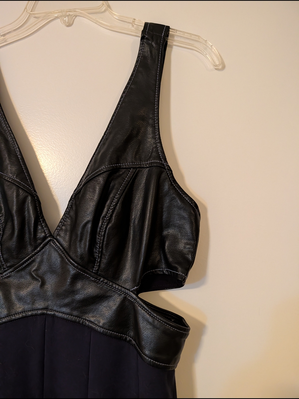 Vegan Leather/Mixed Media Cutout Midi Dress - Navy/Black- Anthropologie - Picture 5 of 13
